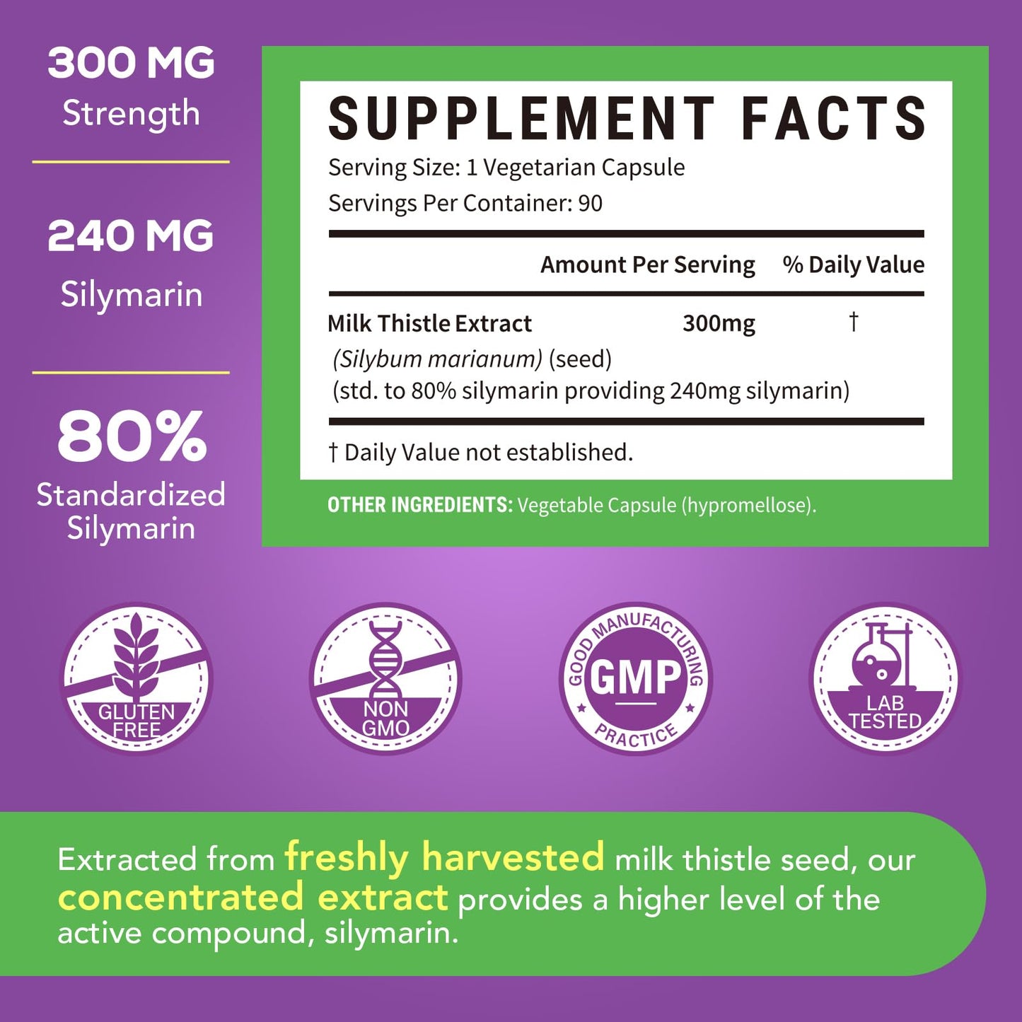 Surebounty Milk Thistle 300 mg Concentrated Seed Extract with 80% Silymarin Capsule, 90 Count