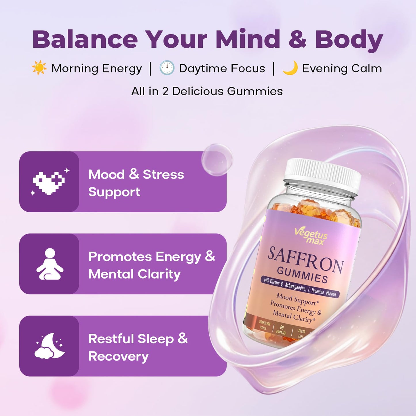 VEGETUSMAX Saffron Gummies 88.5mg Saffron Extract with Magnesium, Ashwagandha, L-Theanine, Rhodiola, Rosemary, Vitamin B6, B12 for Mood, Focus, Calm, 60 Gummies