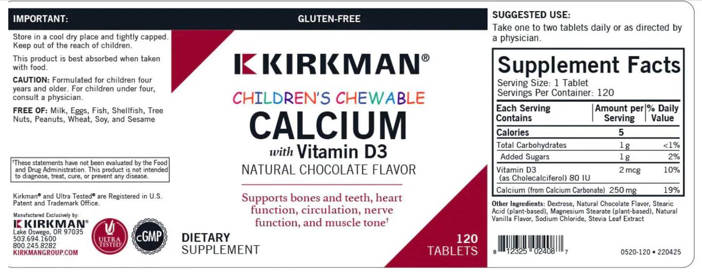 Kirkman Children's Chewable Calcium with Vitamin D3, Natural Chocolate, 120 Tablets