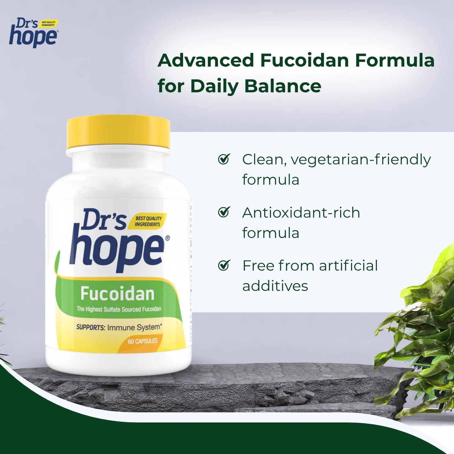 Dr’s Hope Fucoidan 65mg with Brown Seaweed Extract and Antioxidant Properties for Gut, Immune, and Heart Wellness 60 Capsules