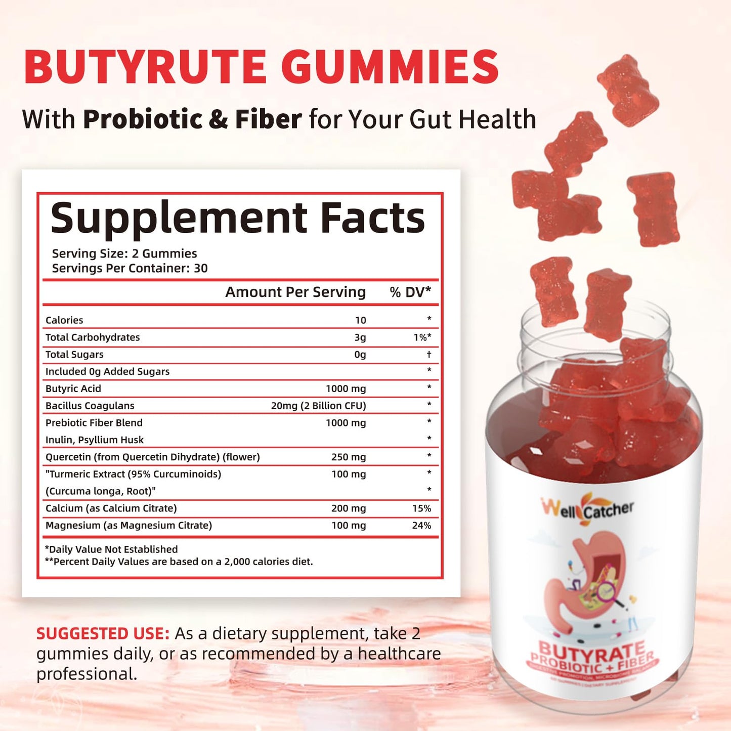 Wellcatcher Gut Health Gummies, Bromelain Papain Enzyme & Butyrate Gummies, 120 Count
