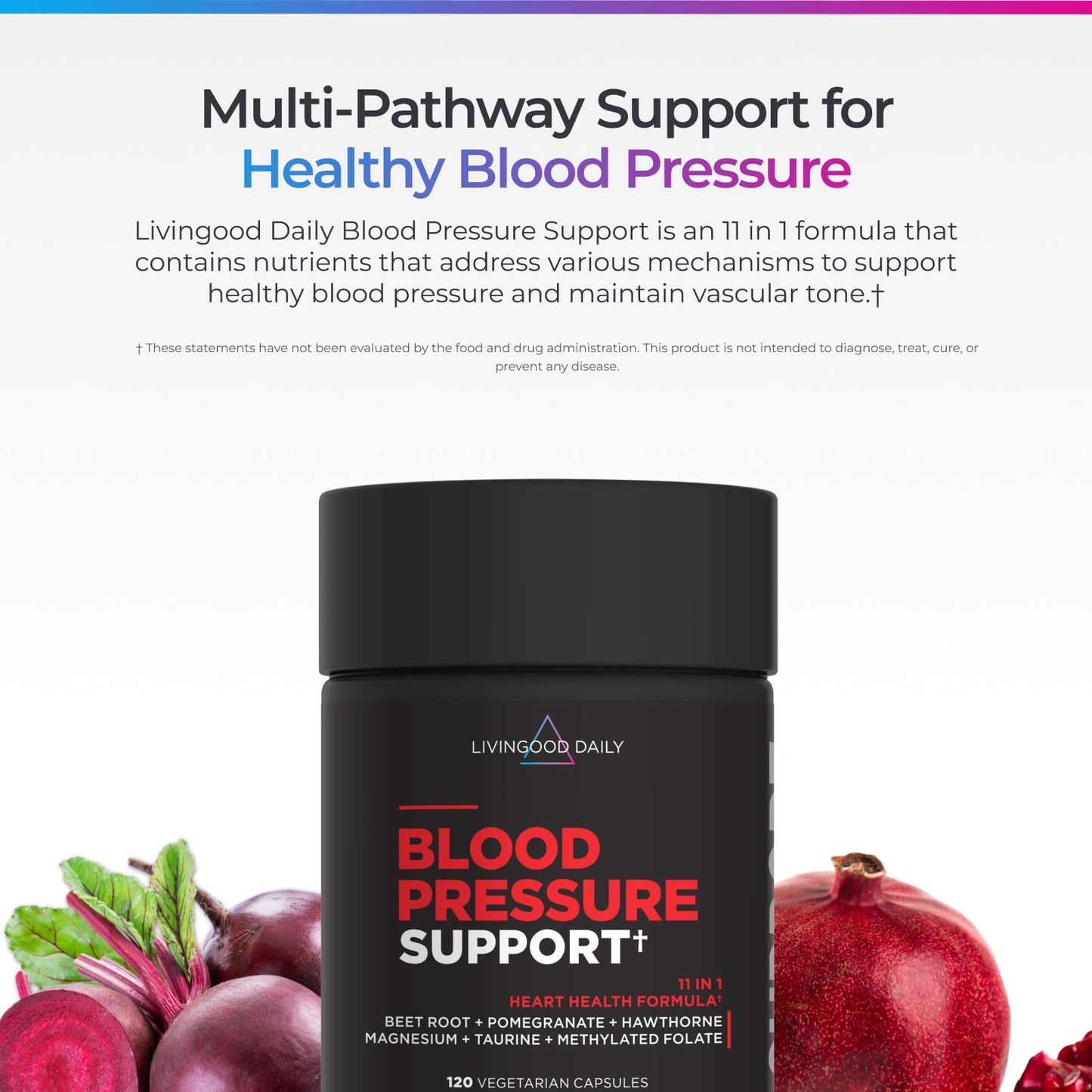 Livingood Daily Blood Pressure Support, Heart Health Supplement with Beet Root, Pomegranate, Hawthorn, Magnesium & Taurine, Cardiovascular Support Formula, Vegan, 120 Capsules