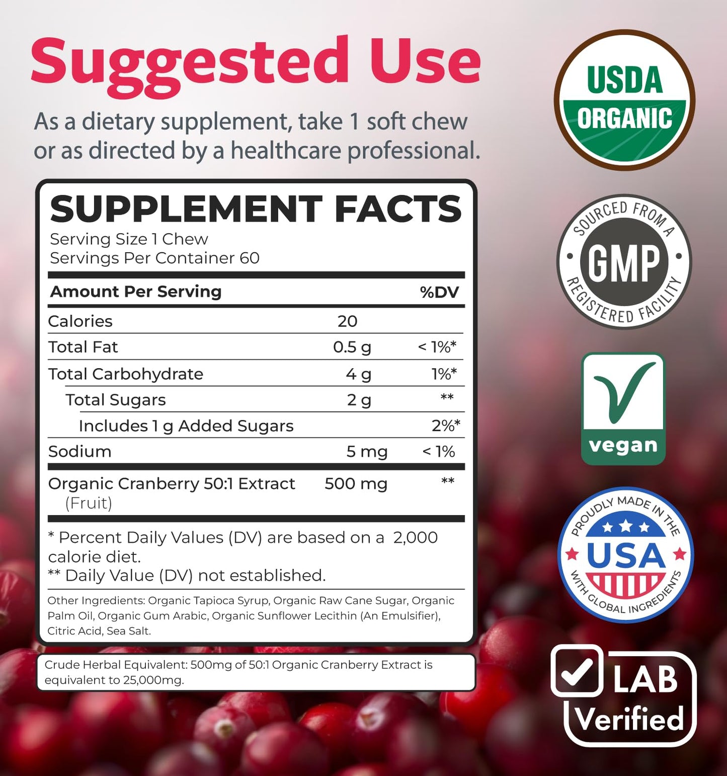 PURE CO Certified Organic Cranberry Chews 60 Count