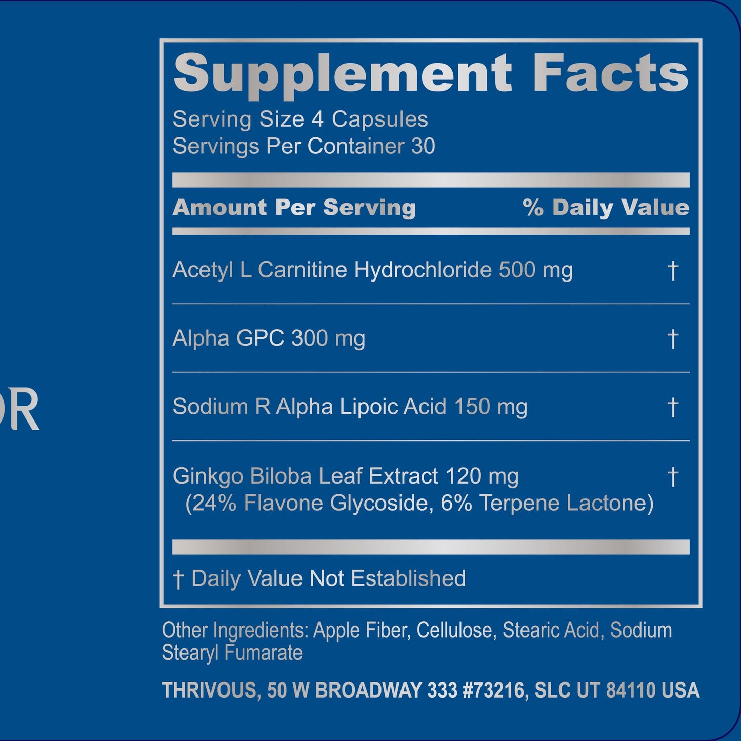 Thrivous Alpha Neuroprotector Brain Support & Nootropic Supplement with Acetyl L-Carnitine, Alpha GPC, R-Alpha Lipoic Acid, Ginkgo Biloba, Capsules, 120