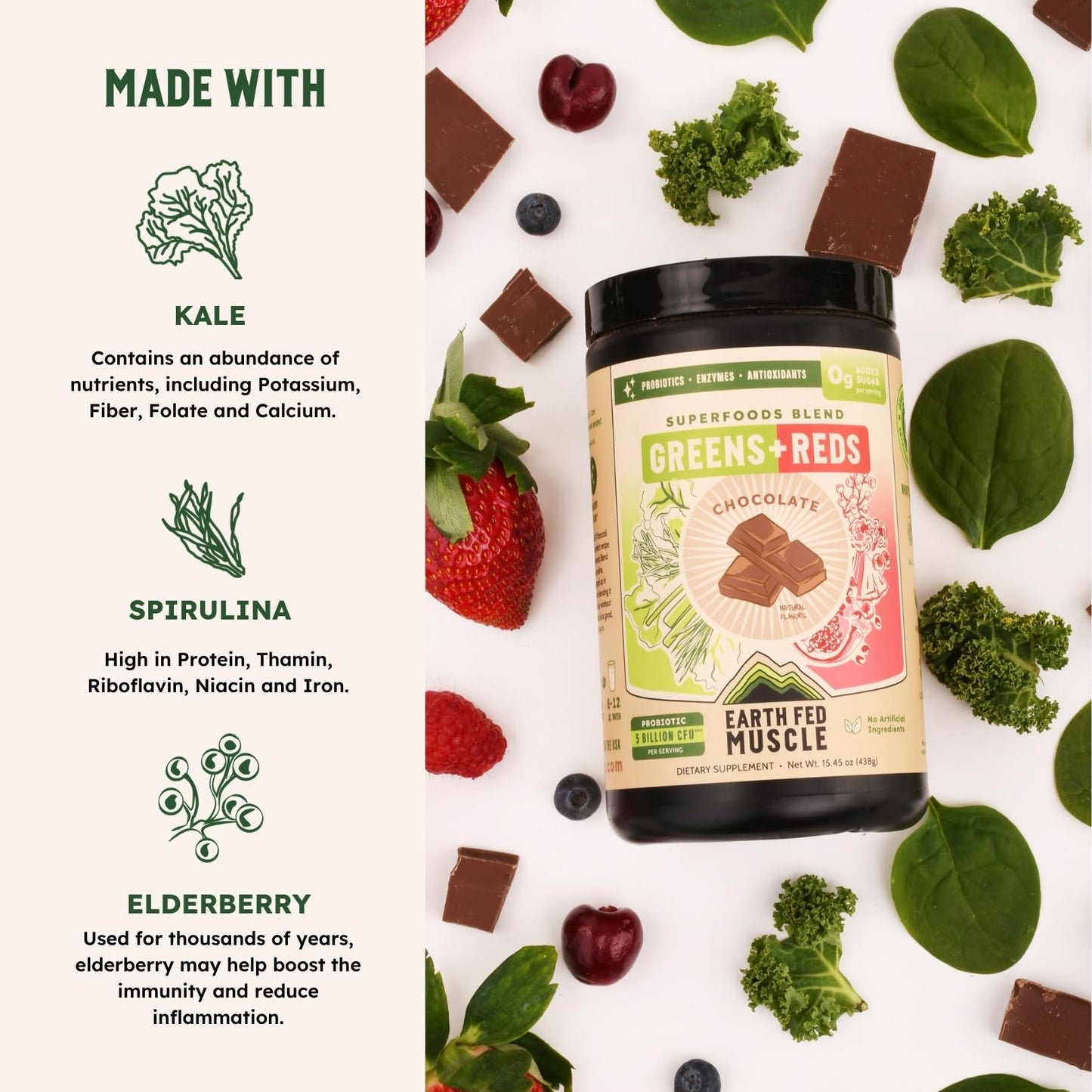 Earth Fed Muscle Greens and Reds Superfoods Blend Chocolate Powder 15.45 Ounce