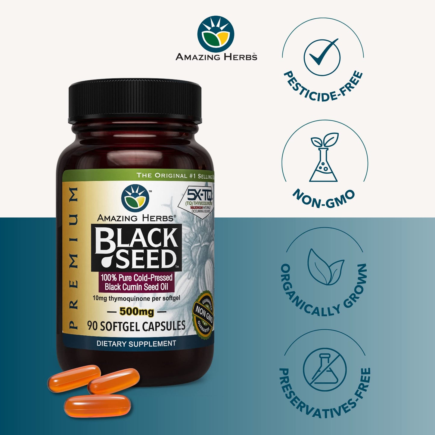 Amazing Herbs Black Seed Oil 500mg Capsules - 90 Count