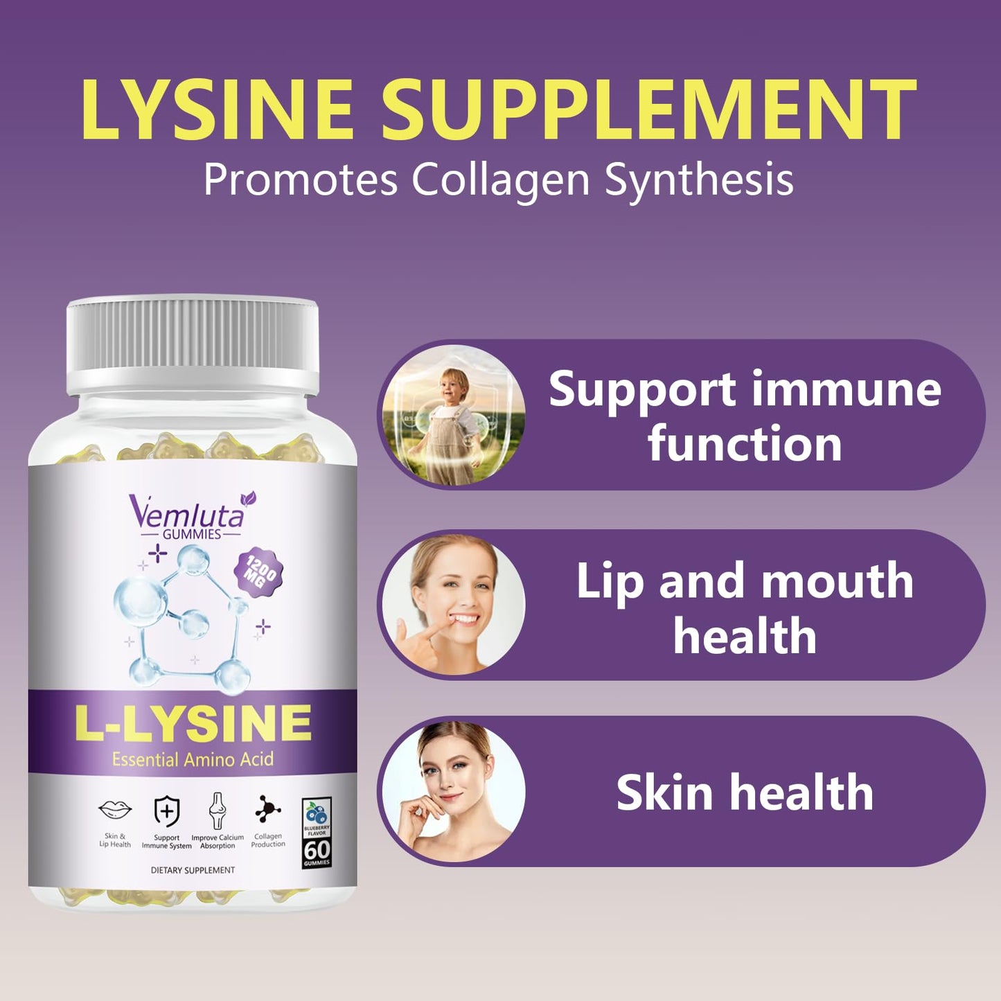 Vemluta L-Lysine Gummies 1200 mg for Immune Support & Collagen Boost, Chewable Lysine Supplement for Adults, Lip & Cold Sore Support, Blueberry, Non-GMO, Gluten Free, 120 Gummies