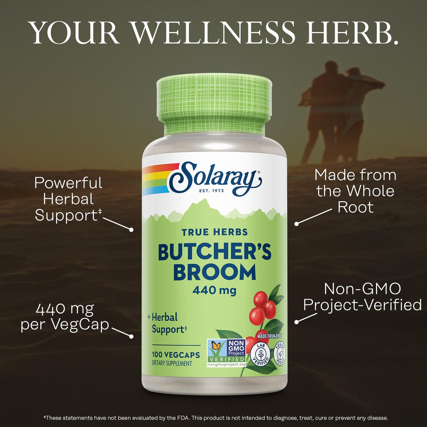 SOLARAY True Herbs Butcher's Broom 440mg Capsule, 100 VegCaps
