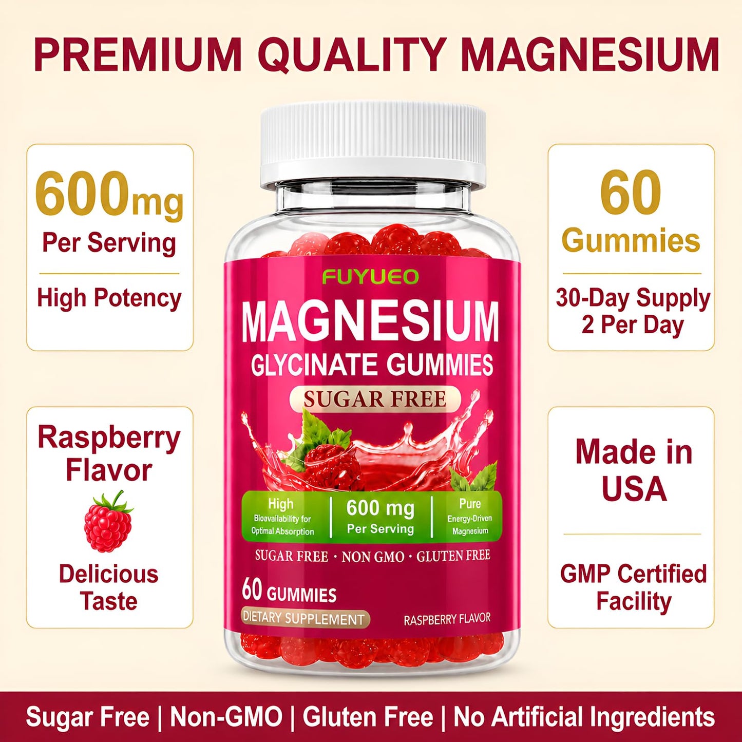 FUYUEO Magnesium Glycinate Gummies, 60 Count