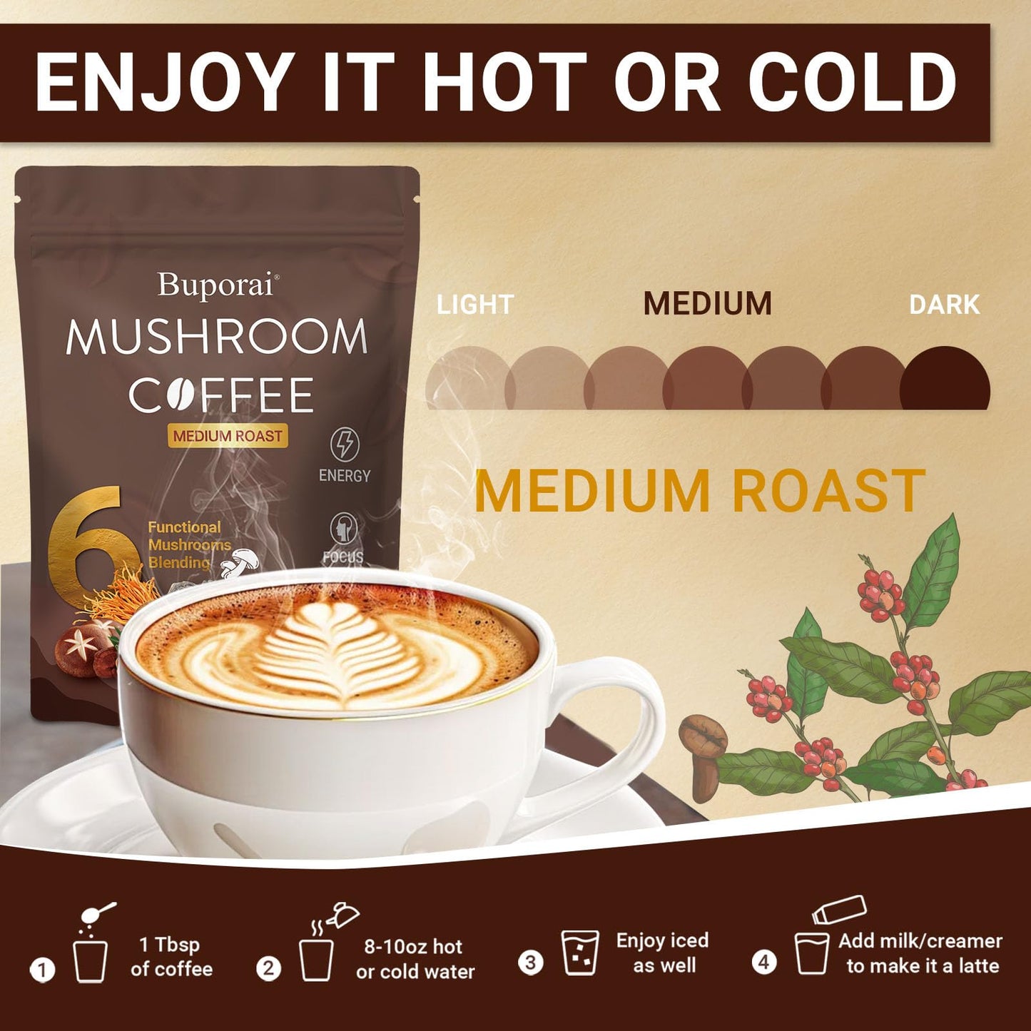 Buporai Mushroom Coffee Powder, Organic, 7.4 oz