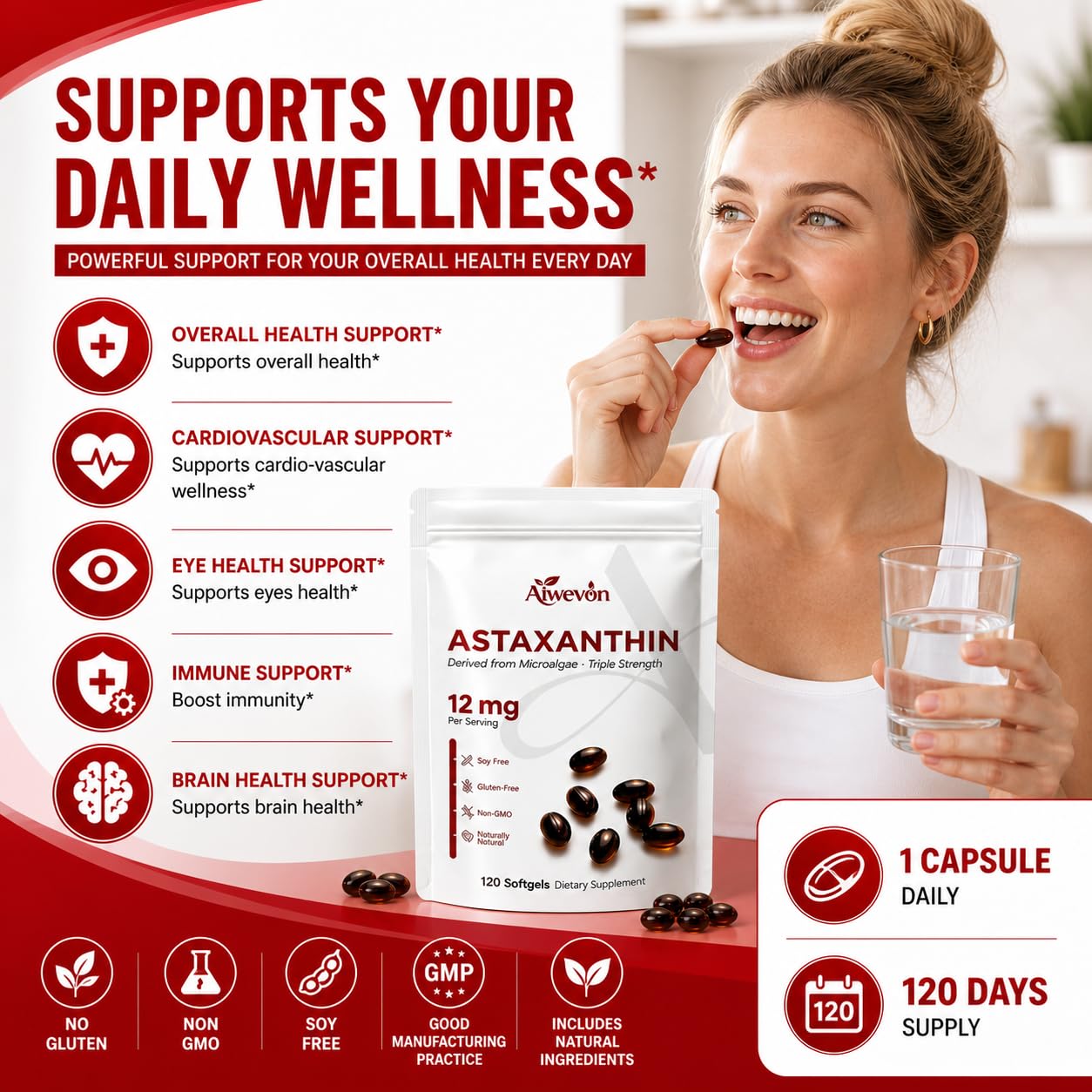 Aiwevon Natural Astaxanthin 12mg Softgels, 120 Count
