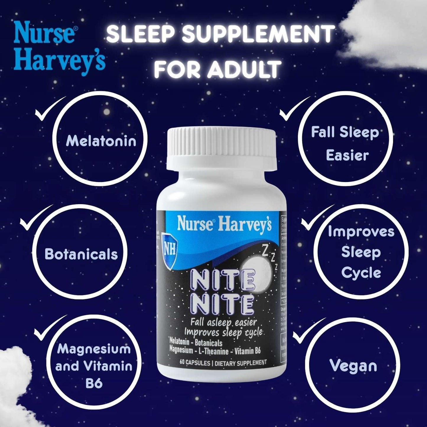 Nurse Harvey's Nite Nite Adult Sleep Capsules with 3mg Melatonin, Magnesium Bisglycinate, Vitamin B6 – 60 Vegan Capsules