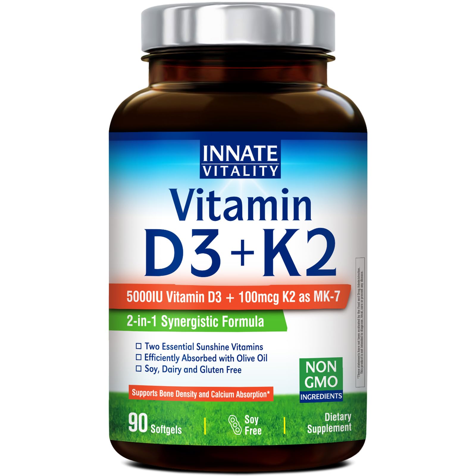 Innate Vitality Vitamin D3 K2 Supplement Softgels 90 Count
