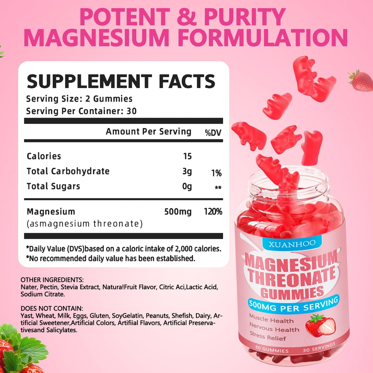 Xuanhoo Magnesium Threonate Gummies, 60 Gummies, Strawberry Flavor, 250mg Magnesium per Gummy
