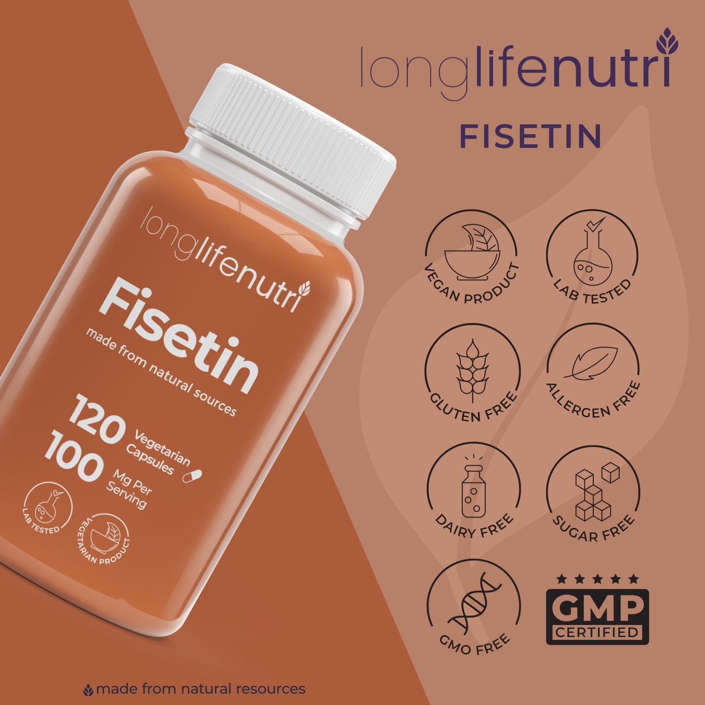 LongLifeNutri Fisetin 100mg - from Rhus Succedanea Stem Extract, 120 Capsules