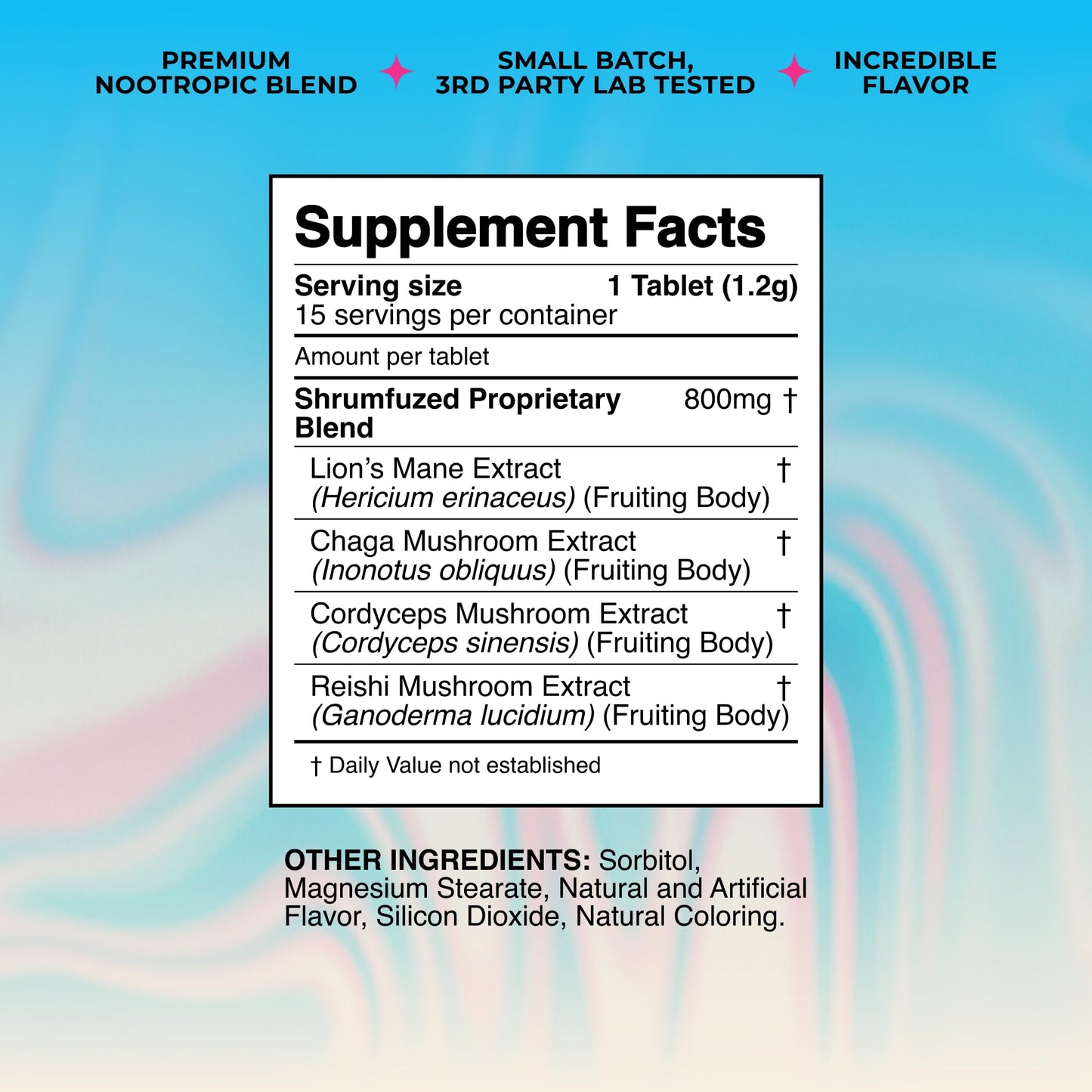 Shrumfuzed Proprietary Nootropic Tablet, Mushroom Blend (Lion's Mane, Reishi, Chaga, Cordycep), 15 Tablets