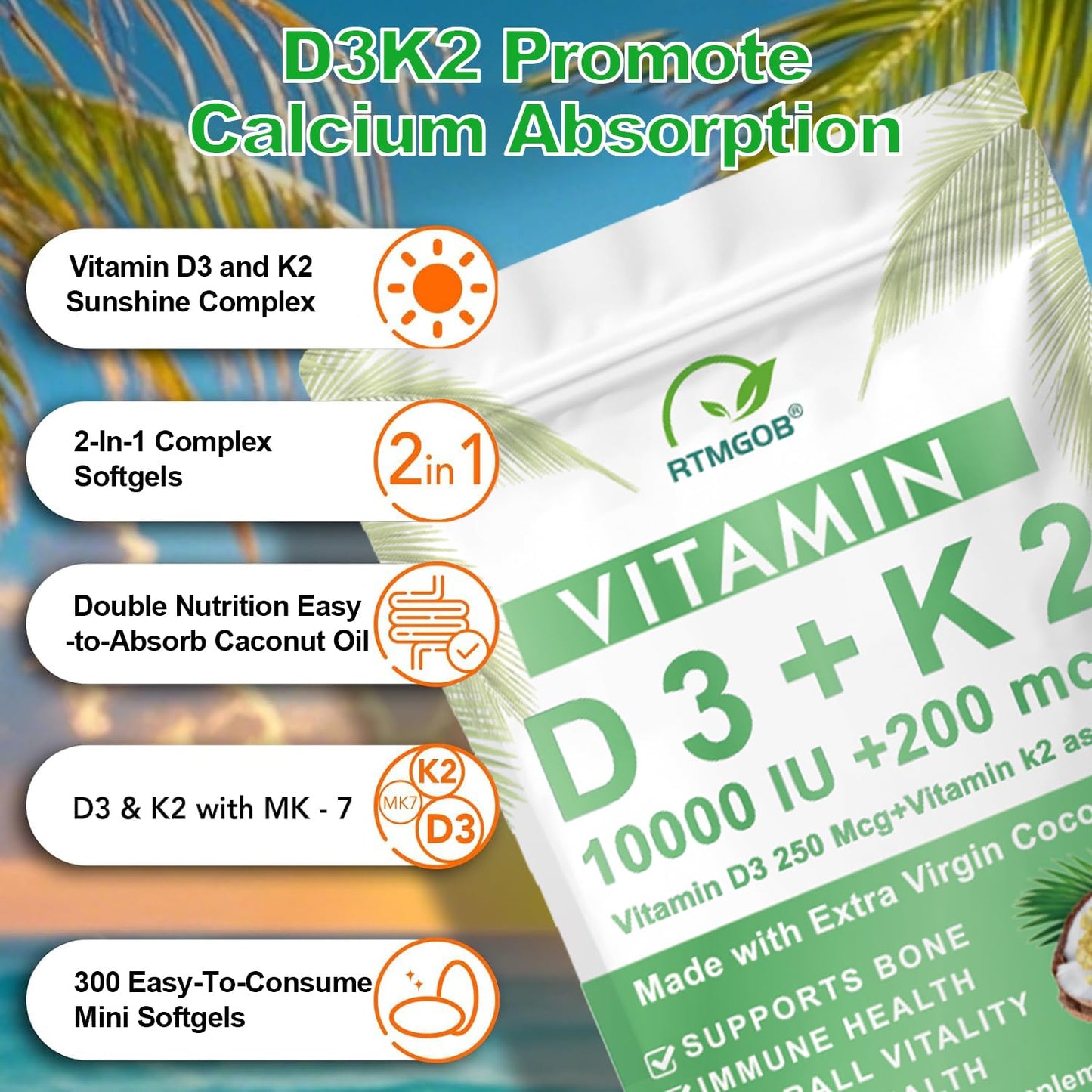 RTMGOB Vitamin D3 K2 Supplement Vitamin D3 10,000 IU + K2 MK-7 200 mcg Virgin Coconut Oil Softgels, 300 Count