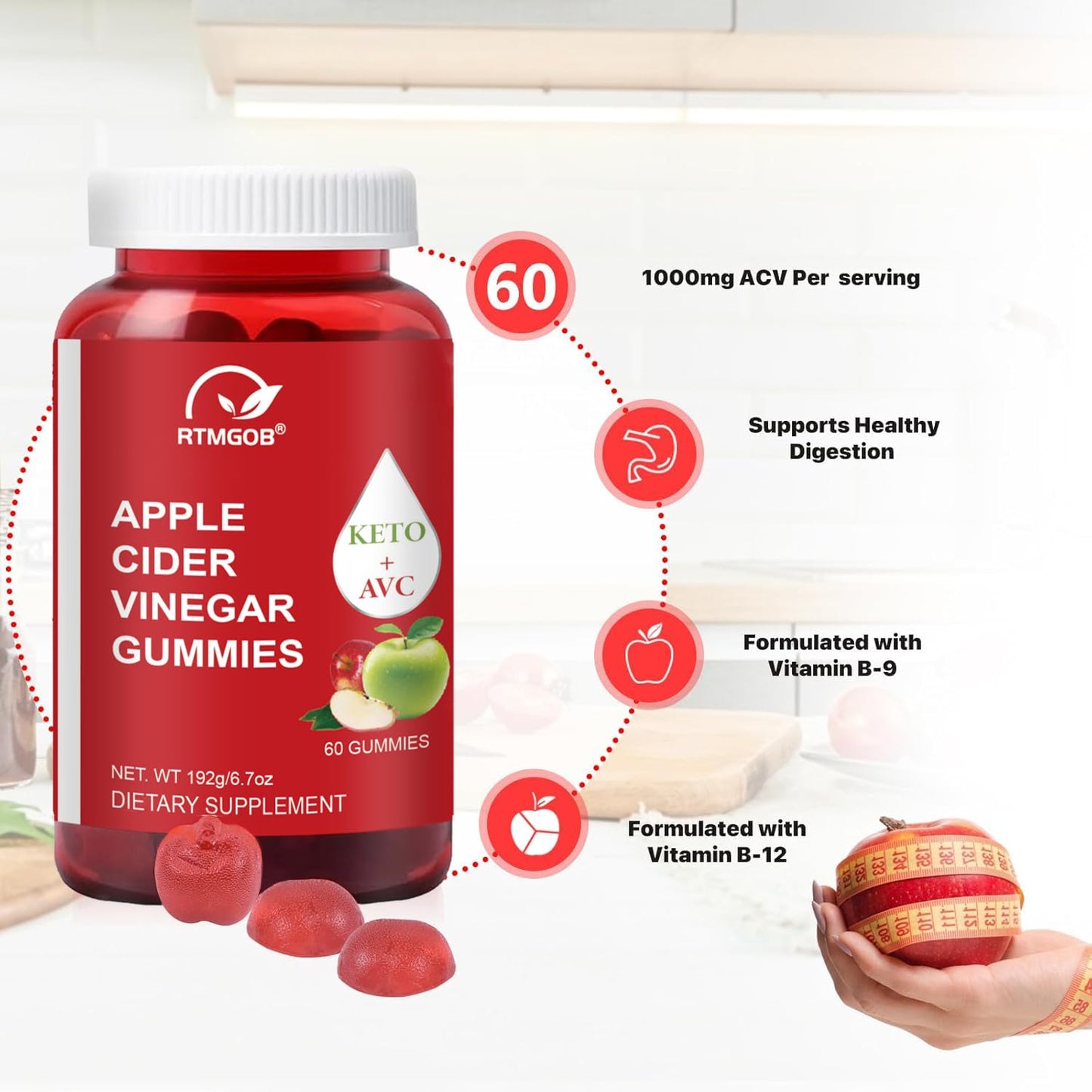 RTMGOB Apple Cider Vinegar Gummy with Vitamin B12 60 Gummies