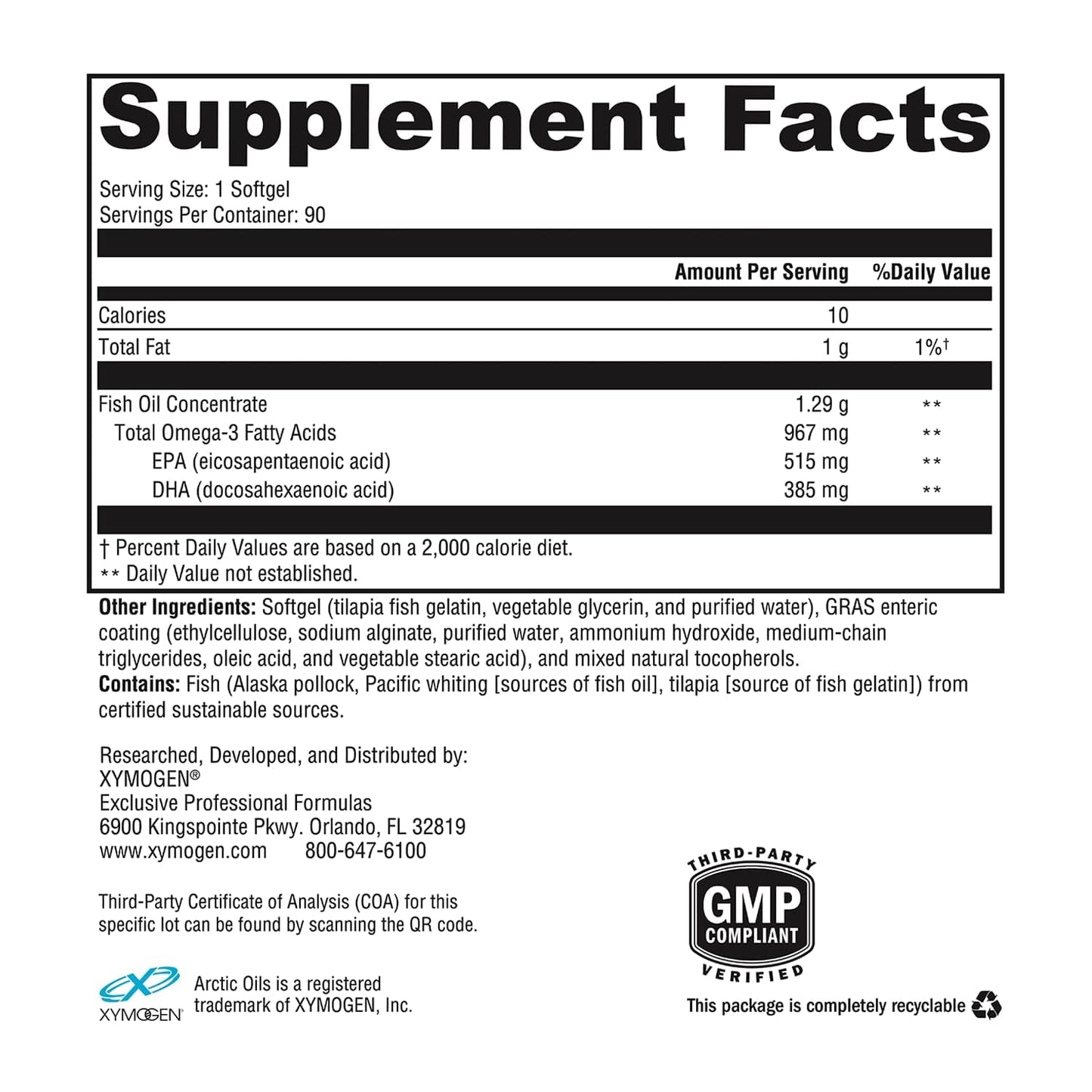 XYMOGEN OmegaPure 900 EC Triglyceride Form DHA EPA Omega-3 Supplement Softgels 90