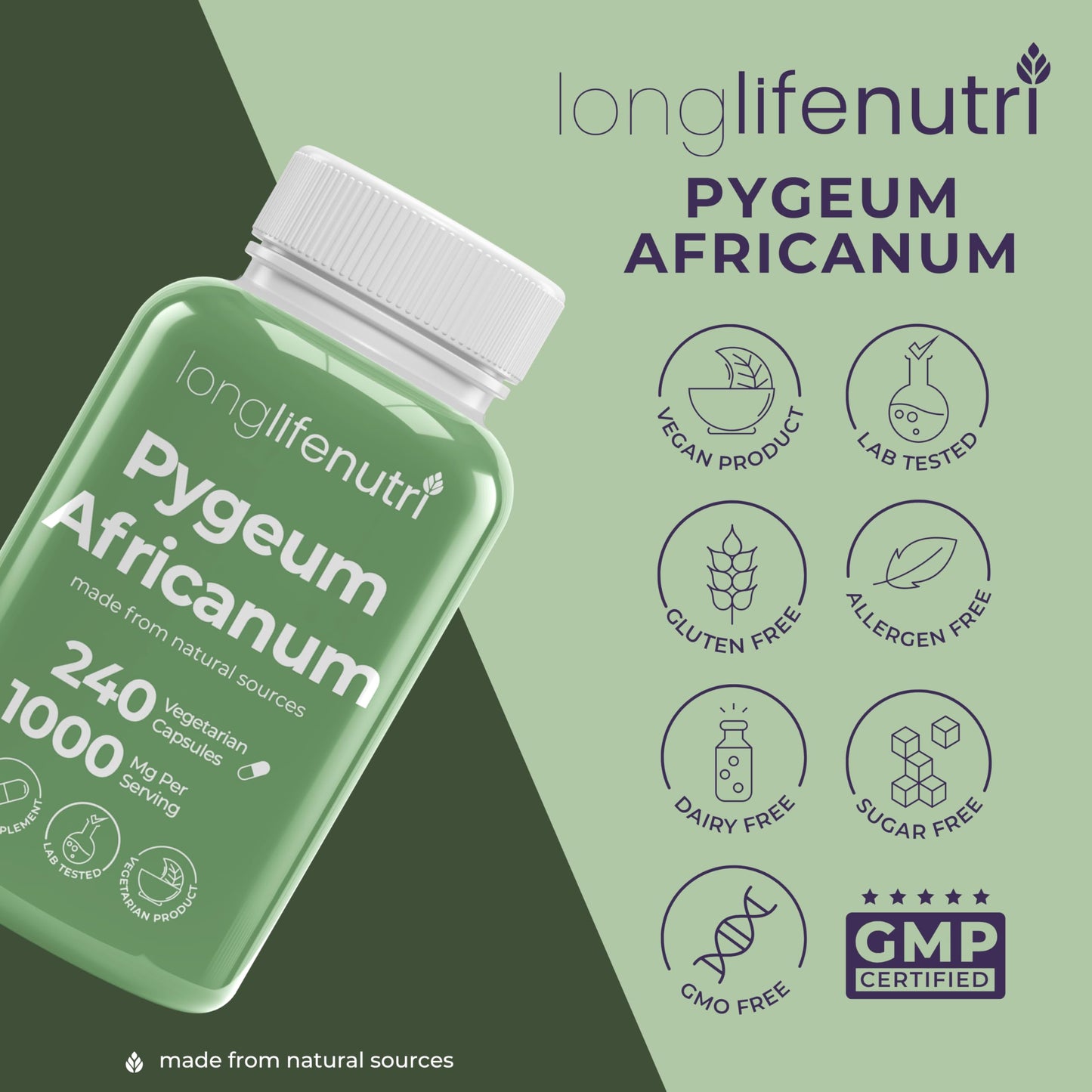 LongLifeNutri Pygeum Africanum Bark Extract Capsules 240 Count