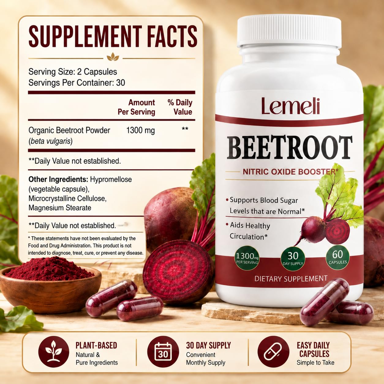 Lence Lemeli Beetroot 1300mg, Nitric Oxide Support Capsules, 60 Capsules