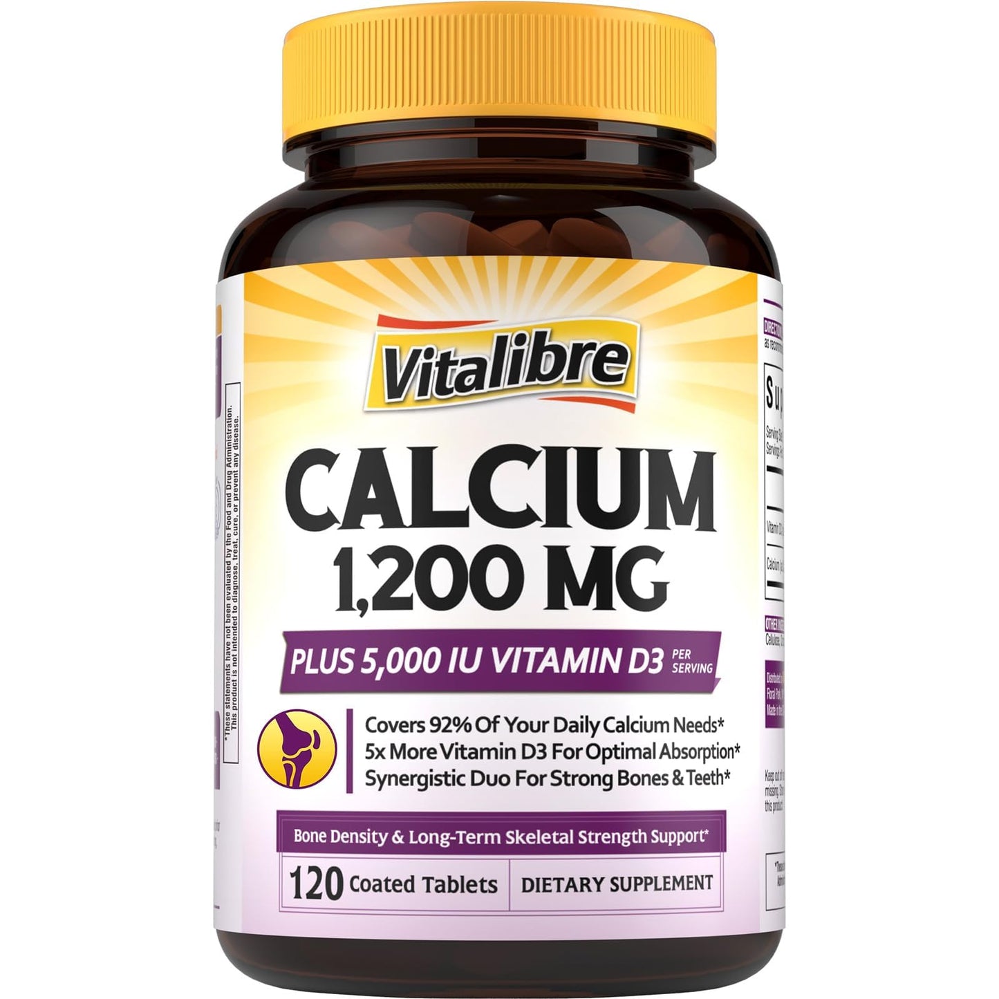 Vitalibre Calcium Supplements for Women, Calcium 1200 mg with Vitamin D3 5000IU, 120 Tablets