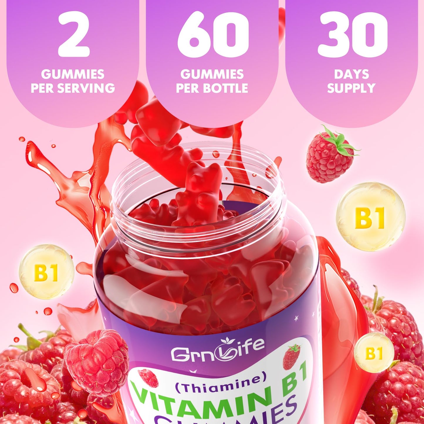 GrnLife Vitamin B1 Gummies 500mg, 60 Count