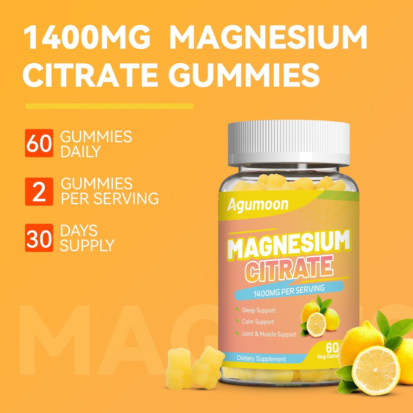 Agumoon Magnesium Citrate Gummies, High Absorption Magnesium Gummies for Adults, 1400mg Extra Strength, Vegan, Non-GMO, 60 Count