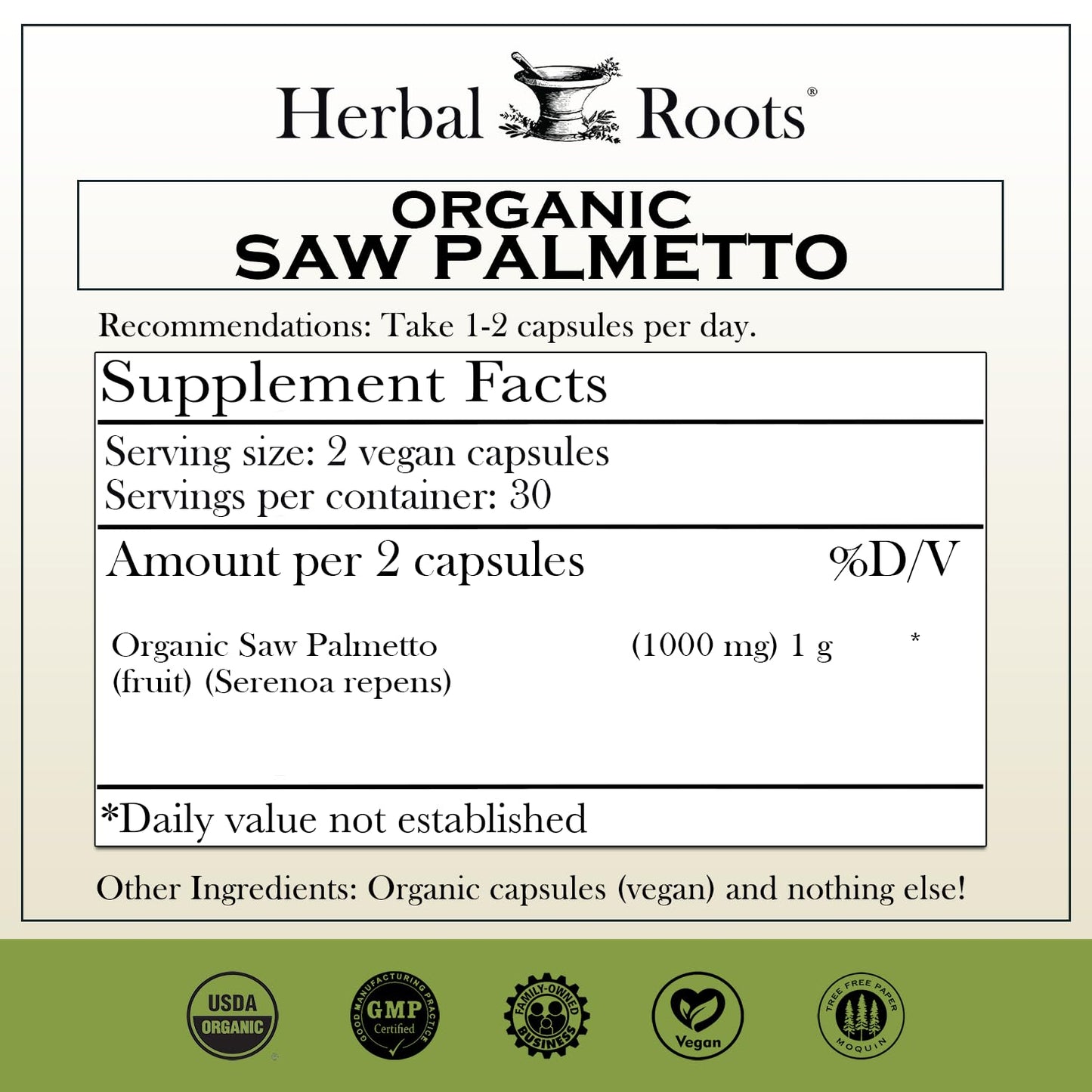Herbal Roots Organic Men's Health Supplement Bundle Saw Palmetto, 8-Mushroom Blend, Hawthorn, Heart and Prostate Support Capsules, 180 Count