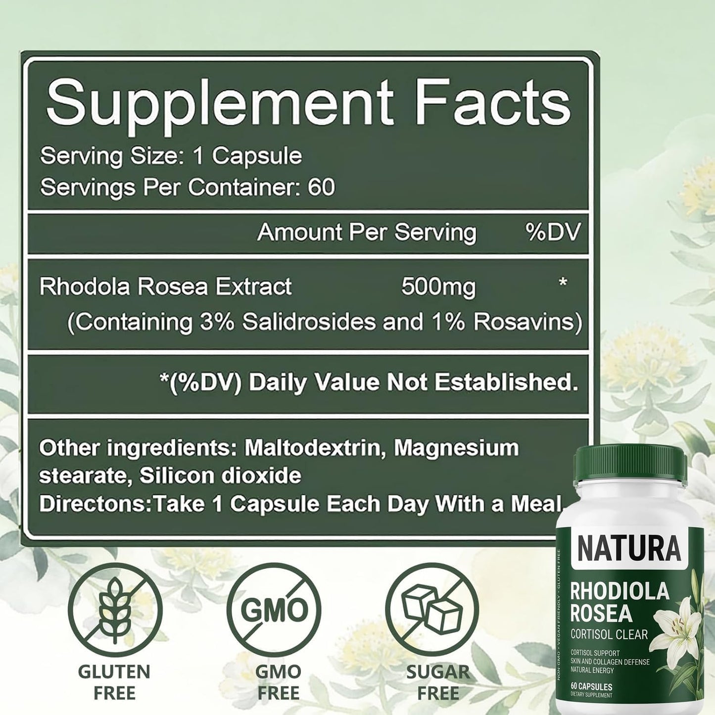 Jurnao Natura Cortisol Clear, Natural Rhodiola Rosea Supplement, Non-GMO Softgel, 1