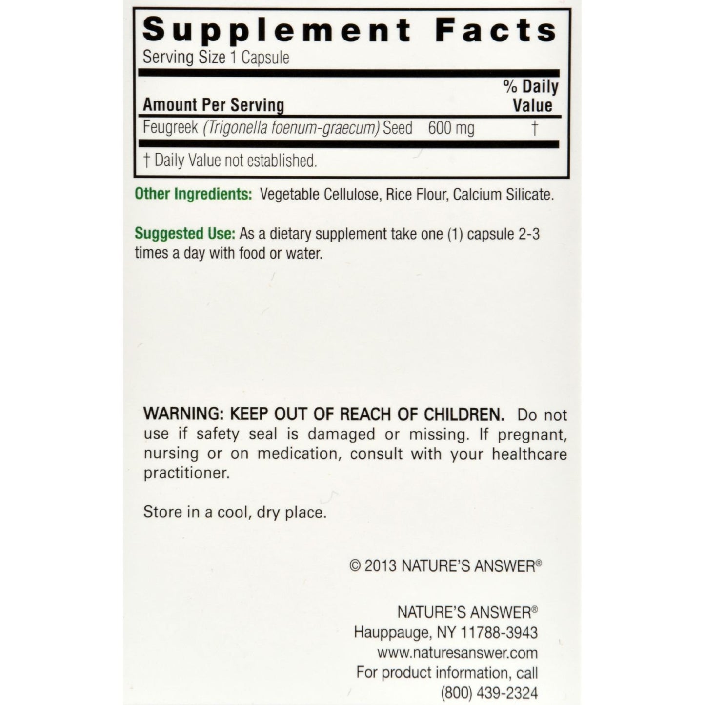 Nature's Answer Fenugreek Seed Capsules 90 Count