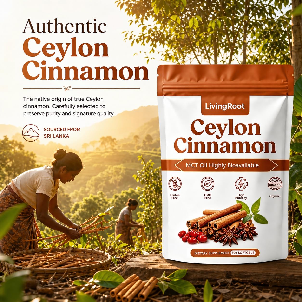 LivingRoot Ceylon Cinnamon Capsule with MCT Oil, 300 Count
