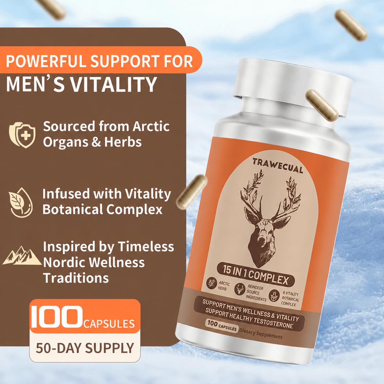 Trawecual Reindeer Organ Supplement for Men, Arctic Herb & Reindeer Organ Blend, 15-in-1 Formula to Support Energy, Stamina & Daily Wellness, 100 Capsules