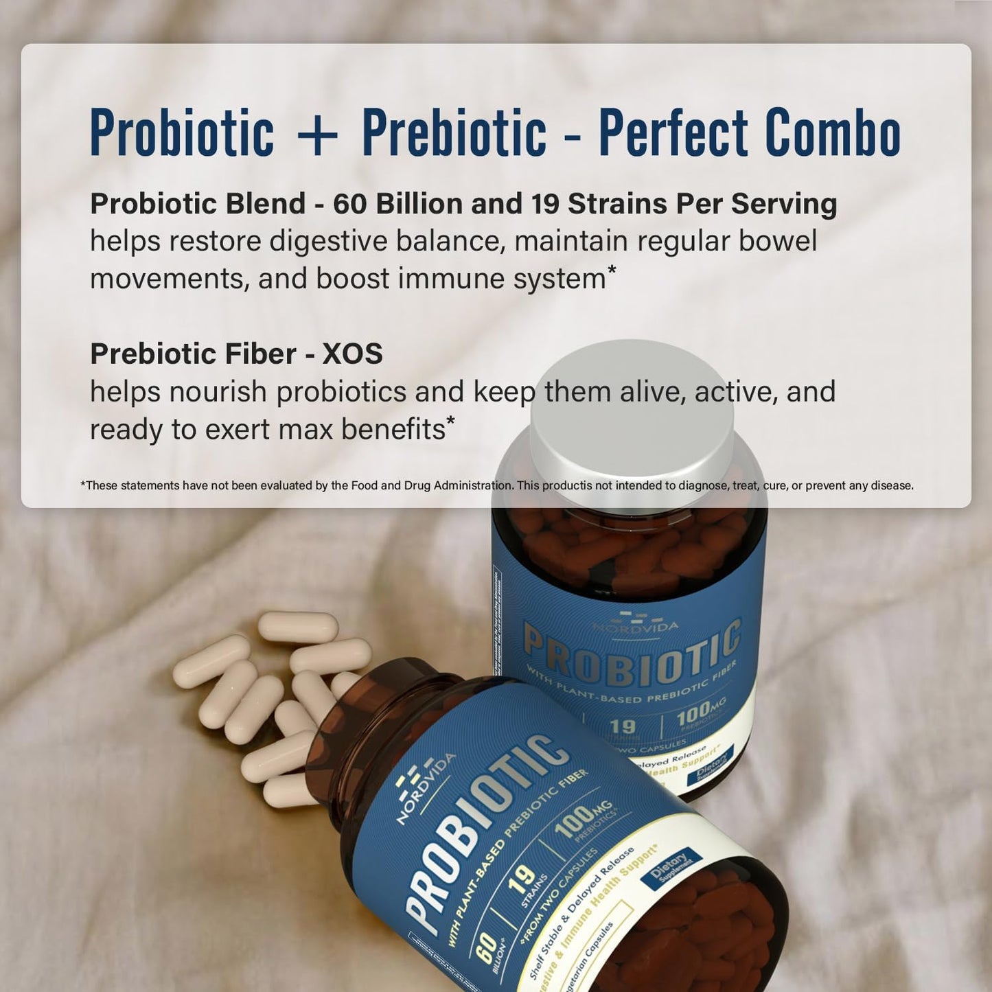 Nordvida Probiotic 60 Billion 19 Strains with Organic Prebiotic for Men & Women, Digestive & Immune Health, Non-GMO, No Dairy, Shelf Stable, Delayed Release Capsule, 60 Vegan Capsules
