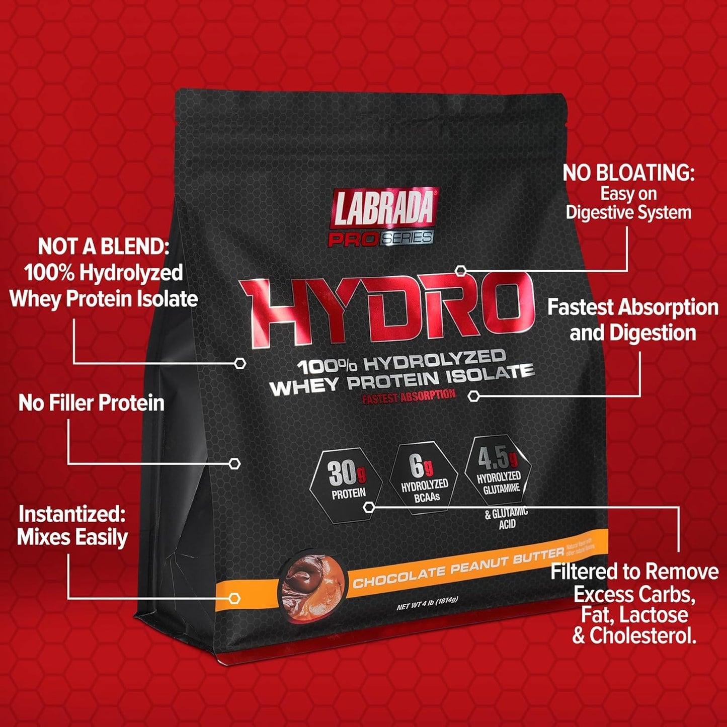 Labrada Hydro 100% Pure Hydrolyzed Whey Protein Isolate Powder, Lactose Free, Glutamine, Fastest Digesting Whey Available, Instant Mixing, Delicious Taste 64 Servings (Peanut Butter)