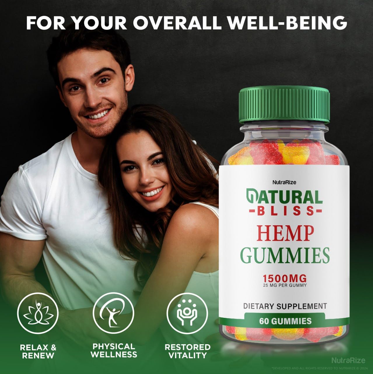 NutraRize Natural Bliss Gummies Hemp Supplement for Tranquility, 60 Gummies