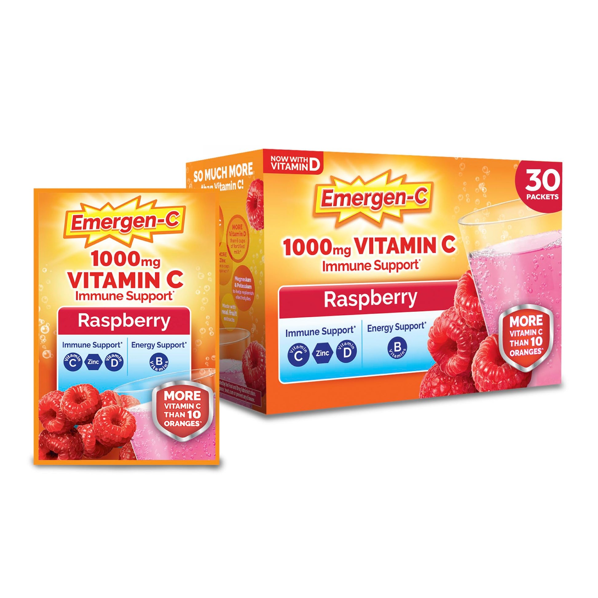 Emergen-C 1000mg Vitamin C Immune Support Powder Raspberry, 30 Pack