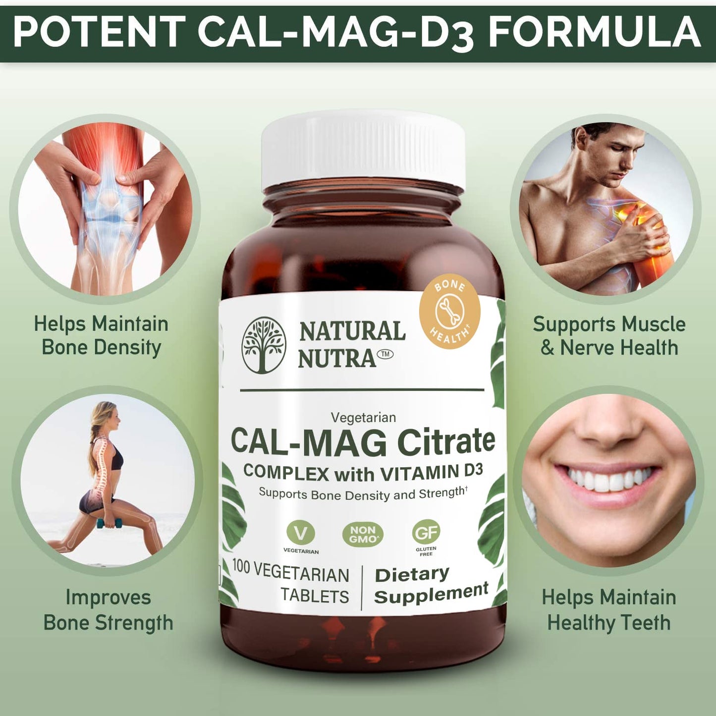 Natural Nutra Cal-Mag Citrate with Vitamin D3, 1000/500 mg Complex, 100 Tablets