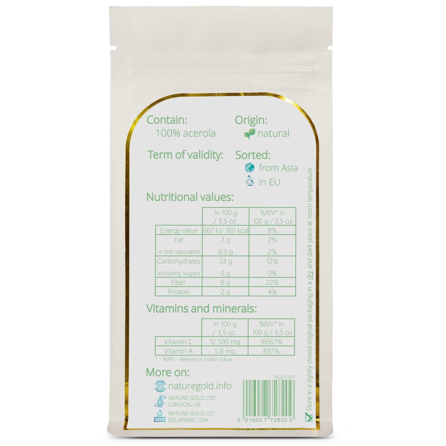 Nature Gold Acerola Powder Vitamin C Freeze-Dried Cherry Extract 250g 1 Count