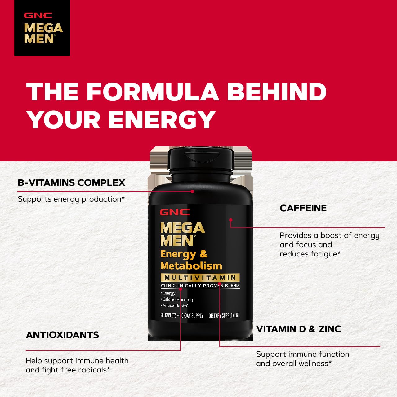 GNC Mega Men Energy & Metabolism Multivitamin for Men Caplets 180 Count