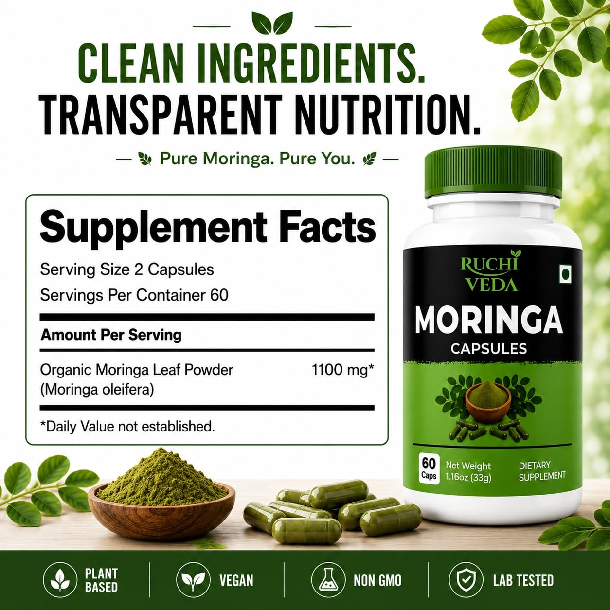 Ruchi Veda Moringa Capsules 1100mg per Serving – Moringa Oleifera Supplement for Energy, Focus & Daily Wellness, Plant-Based, Non-GMO, Lab Tested, 180 Capsules