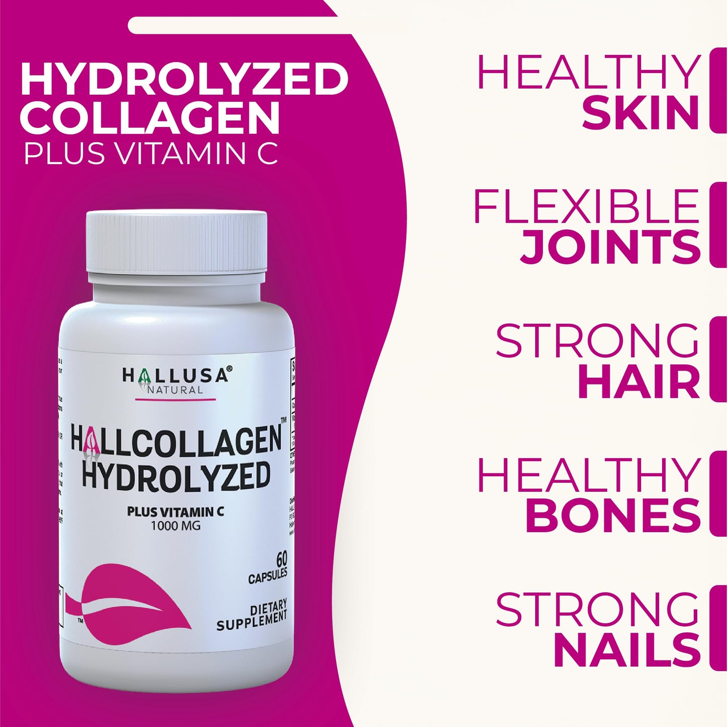 Hallusa Natural Hydrolyzed Collagen Capsules 1000mg with Vitamin C, 60 Capsules