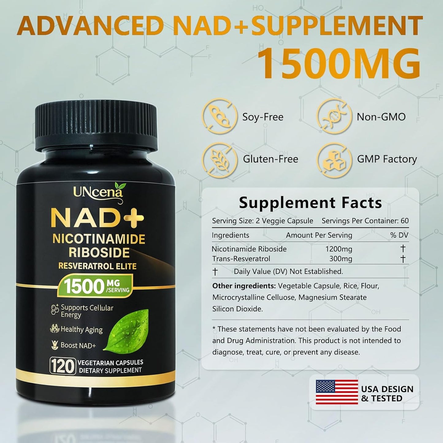 UNcena NAD Supplement 1500mg Liposomal NAD+ Nicotinamide Riboside with Resveratrol Capsule 100 Count