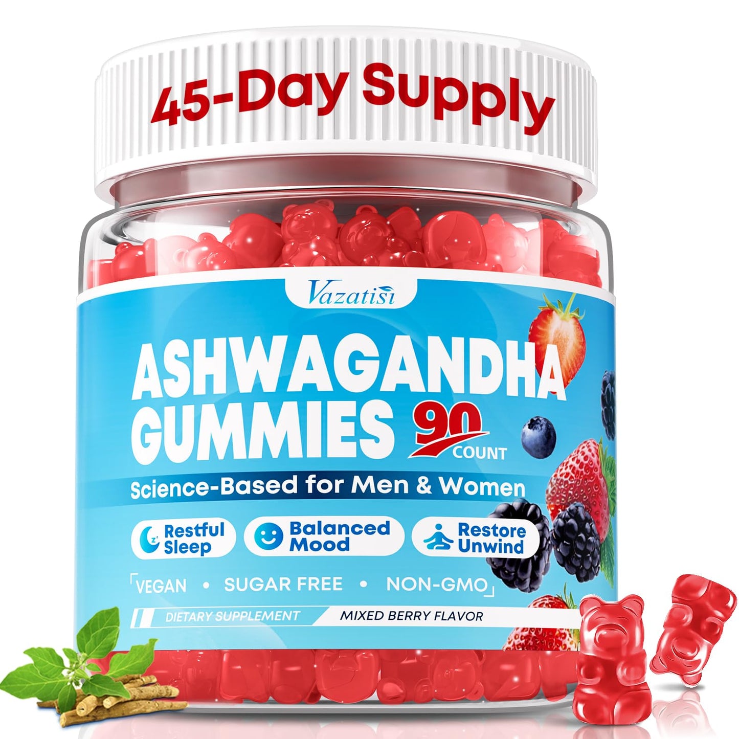 Vazatisi Ashwagandha Gummies with L-Theanine, GABA, Magnesium & Vitamin D3 Gummy 90 Count