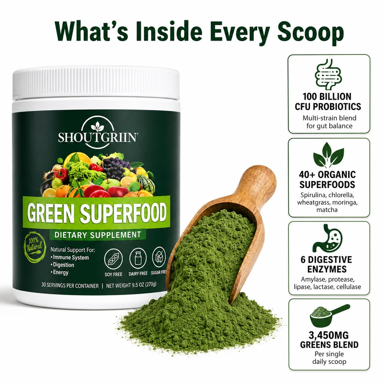 SHOUTGRIIN Green Superfood Powder 9.5 oz