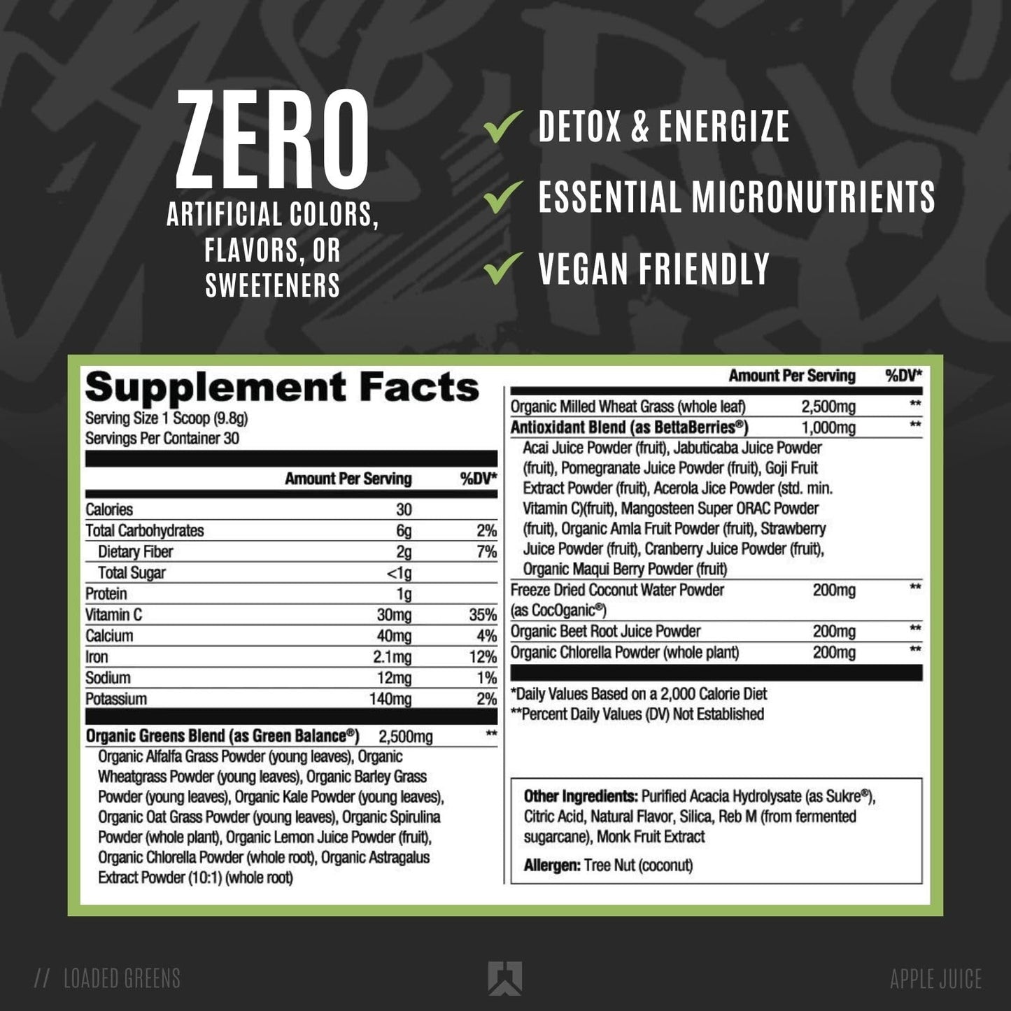 RYSE Up Supplements Ryse Loaded Greens Superfood Powder Apple Juice, 19.4 oz