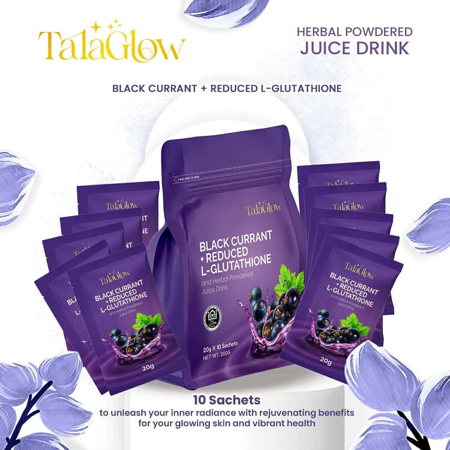 Tala Glow Black Currant + Reduced L-Glutathione and Herbal Powdered Juice Drink, Powder, 7 oz
