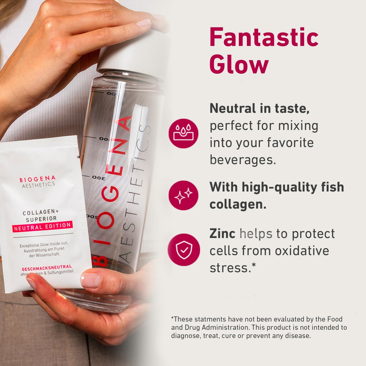 BIOGENA Collagen+ Superior Neutral Edition Collagen Peptides Powder Sticks with Biotin & Zinc, Premium Marine Collagen Powder Unflavored, 21 Travel Packets