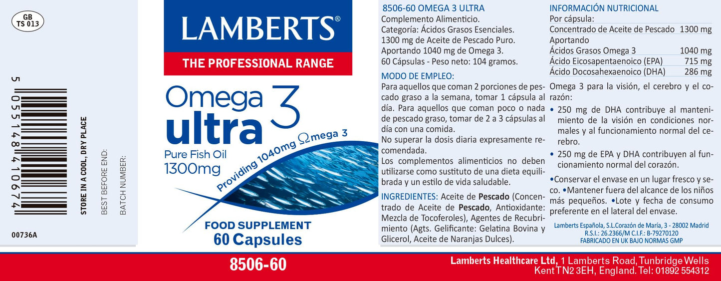 Lamberts Healthcare Ltd Omega 3 Ultra Pure Fish Oil 1300mg Capsules, 60 Capsules