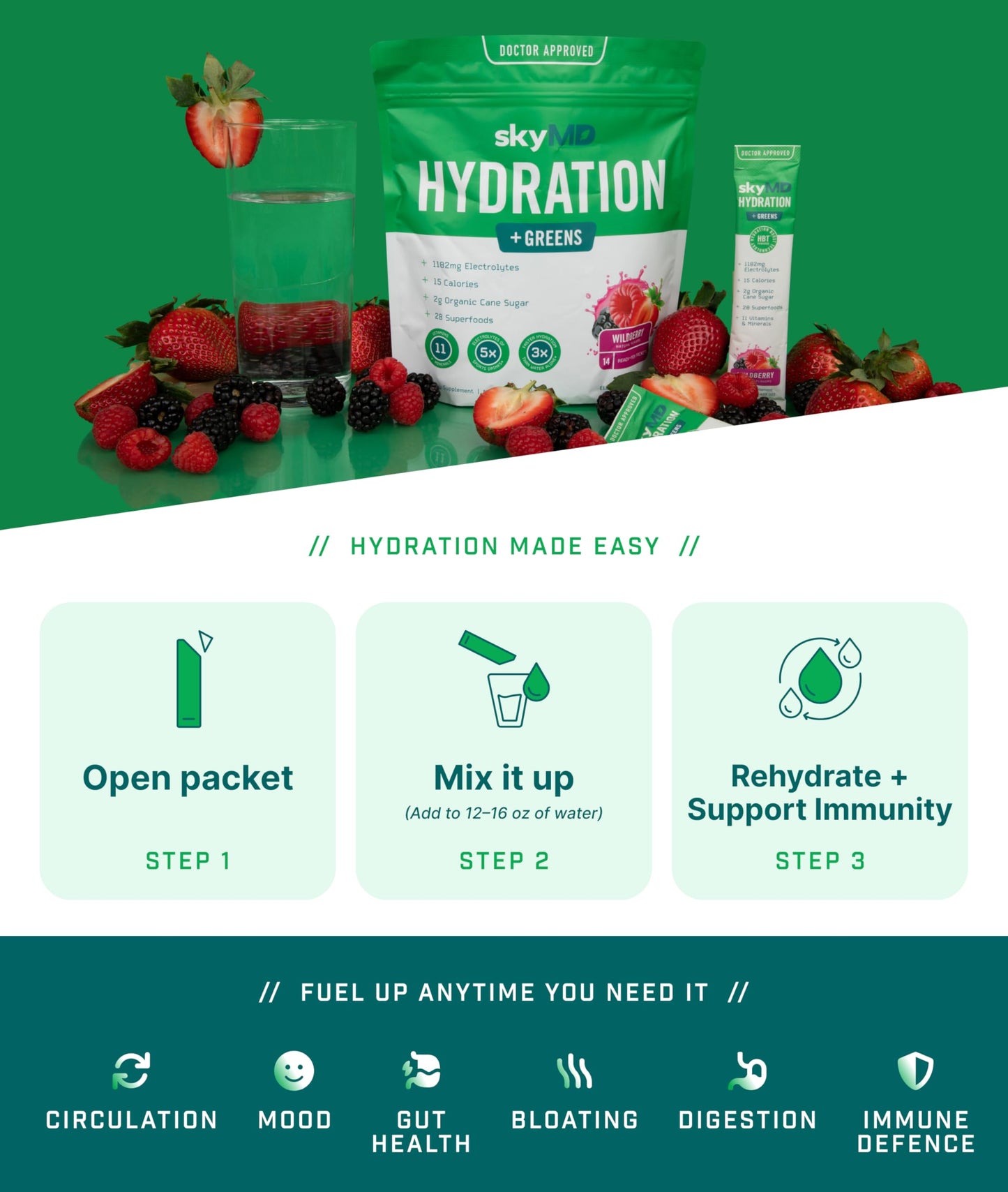 skyMD Hydration + Greens Electrolytes Powder, 5.93 oz